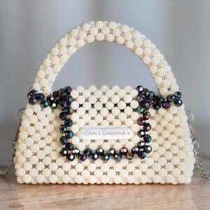 Handmade White Beaded Top Handle‎ Bag Designer Inspired Mini Purse Evening Bag